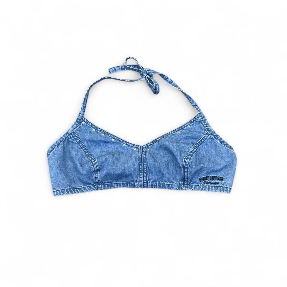 Harley Davidson Denim Studded Halter Top Y2K Biker